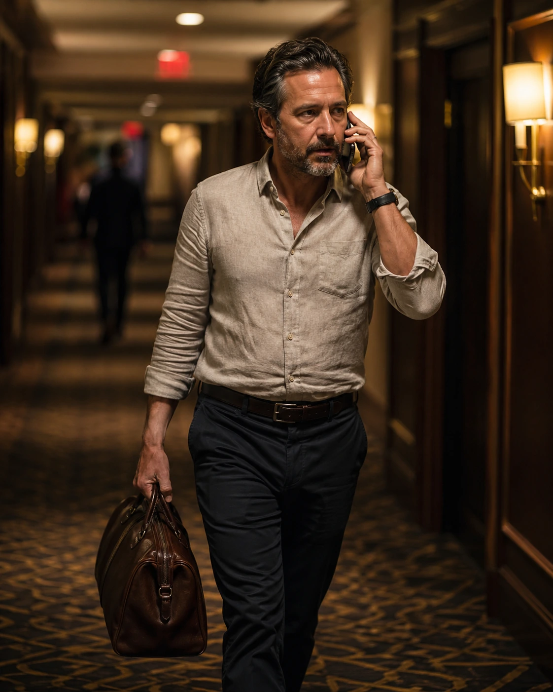 Doctor walking briskly through a hotel corridor at night, phone to ear, bag in hand.