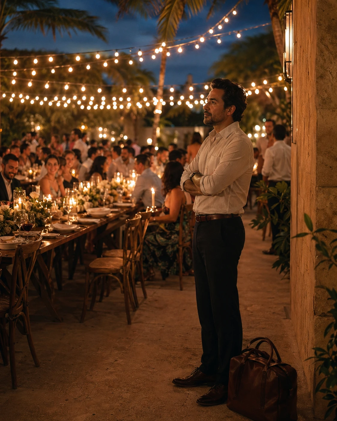 Doctor on standby at a Mexican destination wedding reception under string lights.
