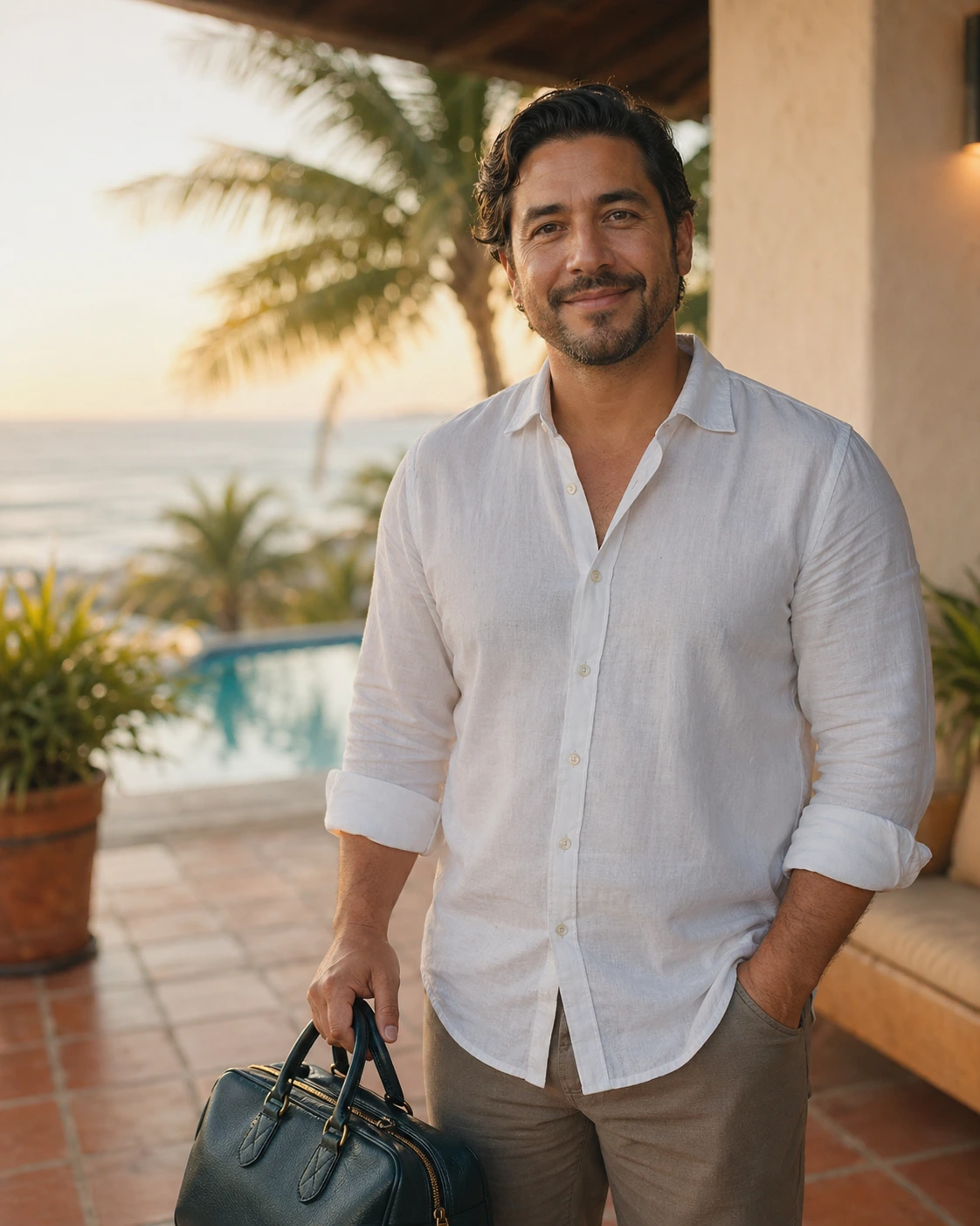 Doctor in a white linen shirt holding a leather medical bag at a Mexican coastal hotel terrace at sunset, with palm trees and the Caribbean in the background.
