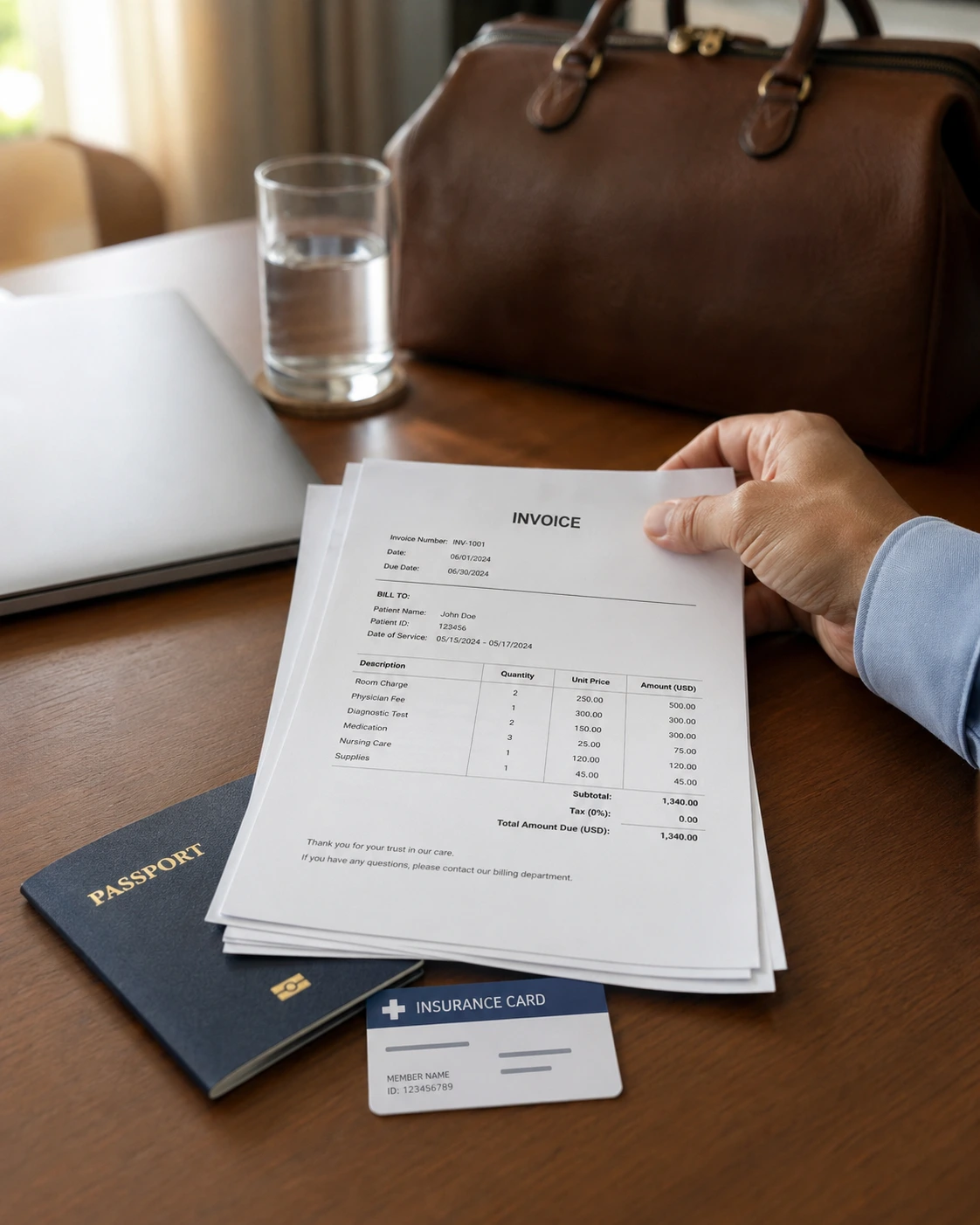Itemized medical invoice with passport and insurance card on a wooden desk.