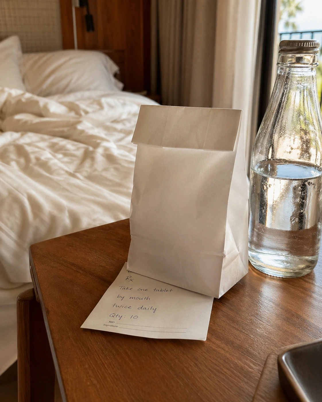 Pharmacy bag and prescription note delivered to a hotel-room bedside table.