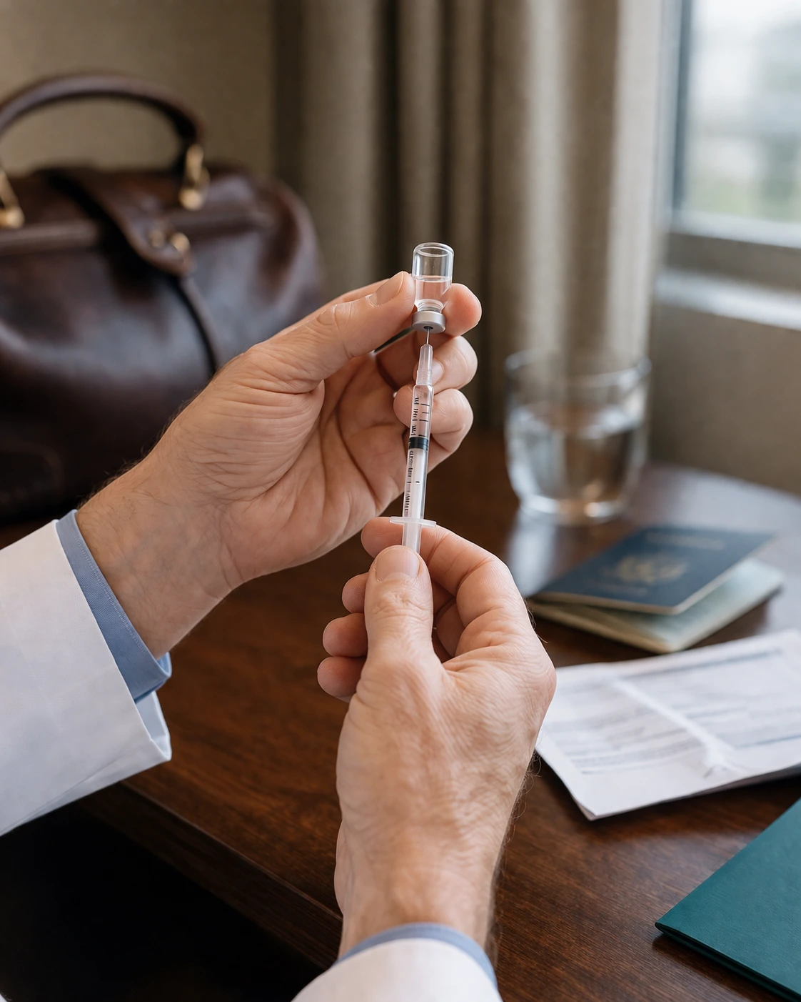 Doctor preparing a travel vaccine on a hotel-room desk with a passport nearby.
