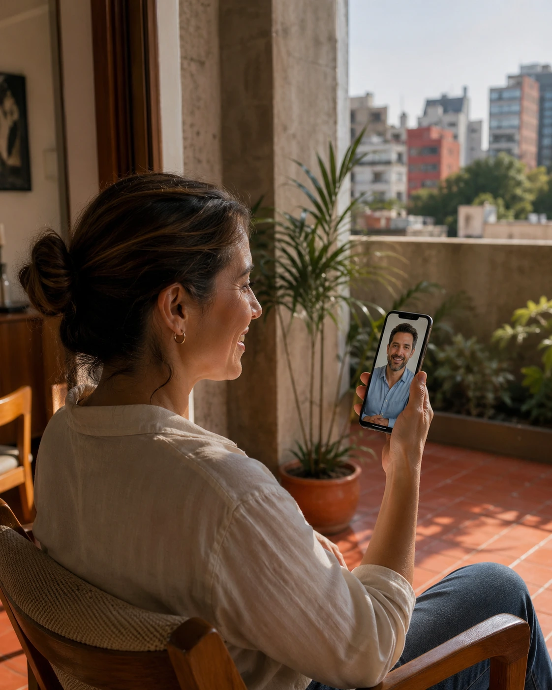 Patient on a video consultation with a doctor visible on her phone.